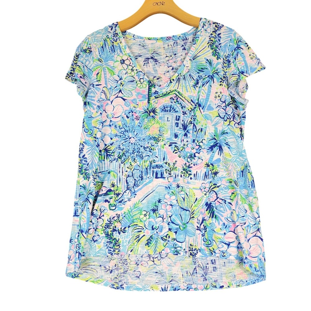 Lilly Pulitzer Womens Blue Green Tropical Floral Cotton V-Neck‎ Tee Shirt Small